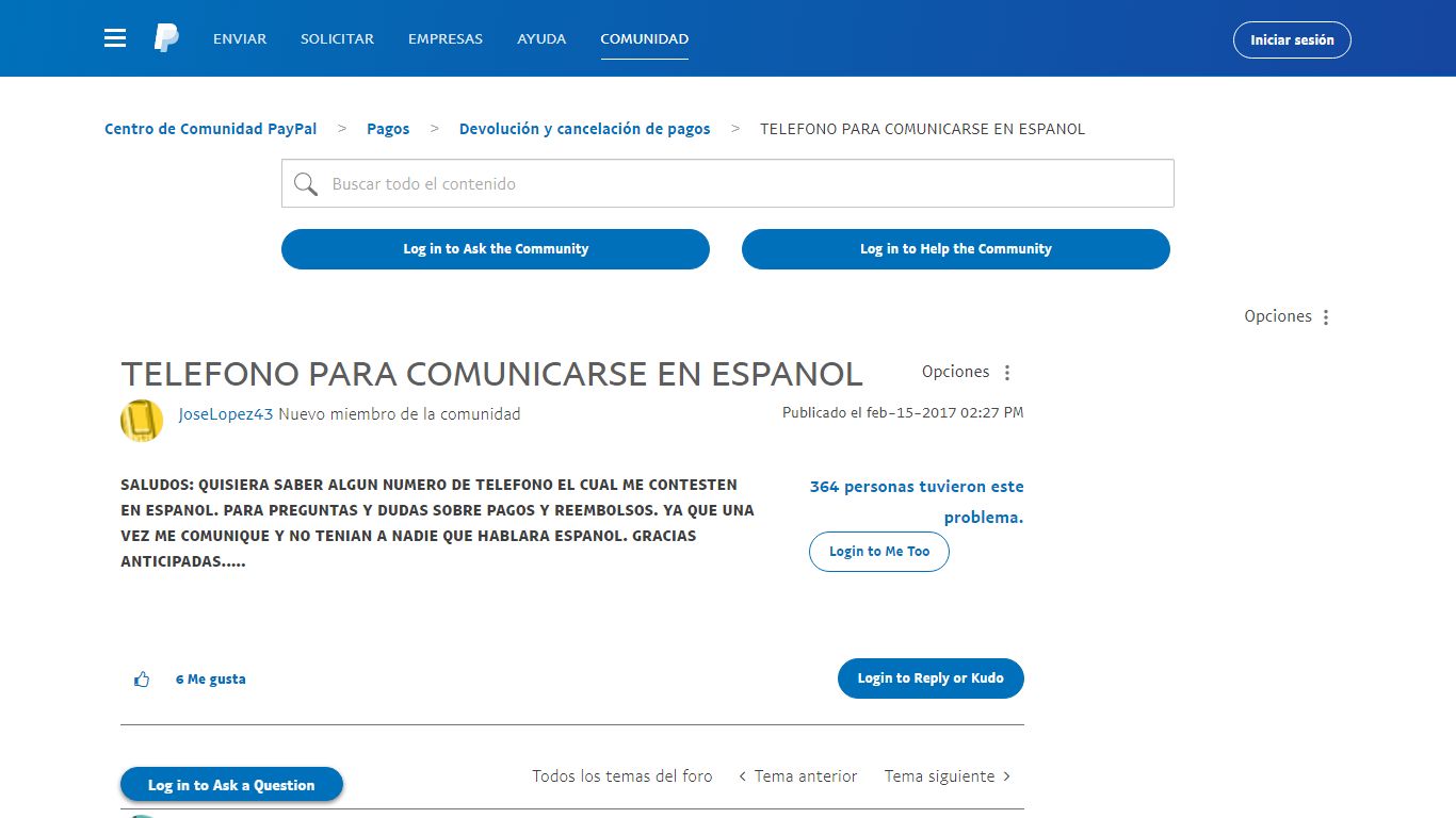TELEFONO PARA COMUNICARSE EN ESPANOL - PayPal Community